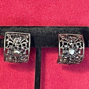 Vintage Dark Metal Filigree and Marcasite Half-Moon Clip Earrings